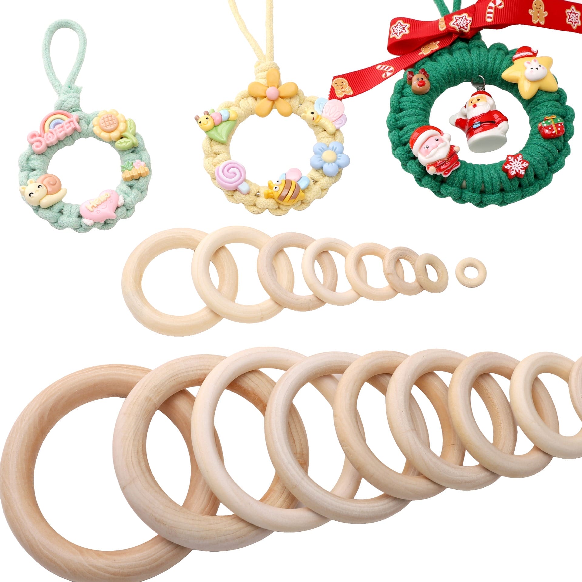 Craft rings: Wooden craft rings and macrame wreaths with Christmas, bee, and rainbow decorations