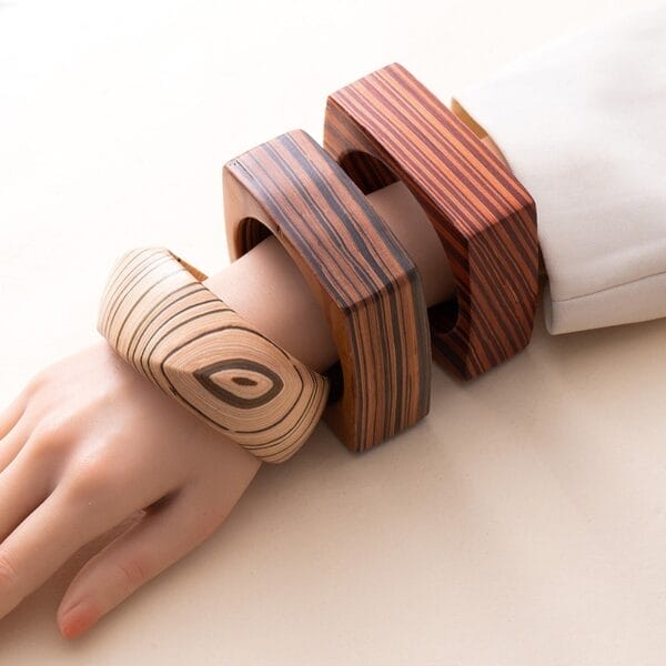 Vintage Square & Hexagon Wooden Bangles: Handcrafted styles, unique wood grain patterns.