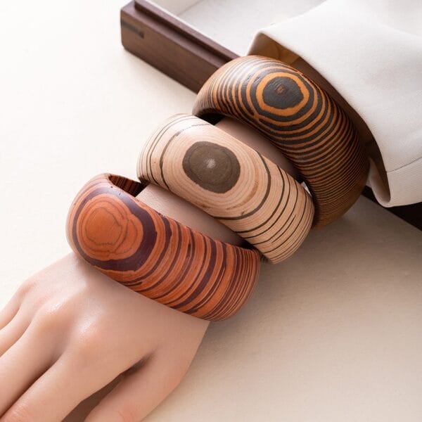 Vintage Square & Hexagon Wooden Bangles: Handcrafted wooden bracelets with unique grain patterns and geometric shapes.