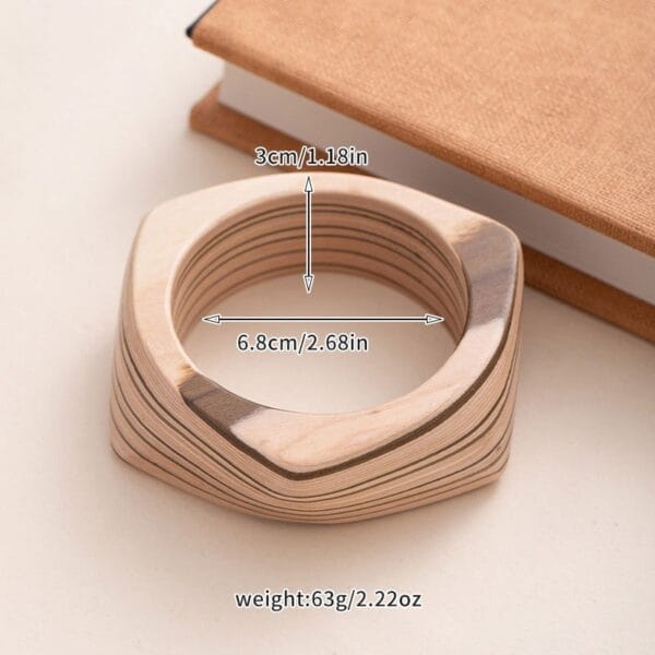 Vintage Square Wooden Bangle: Handcrafted bangle with striped pattern and dimensions shown.