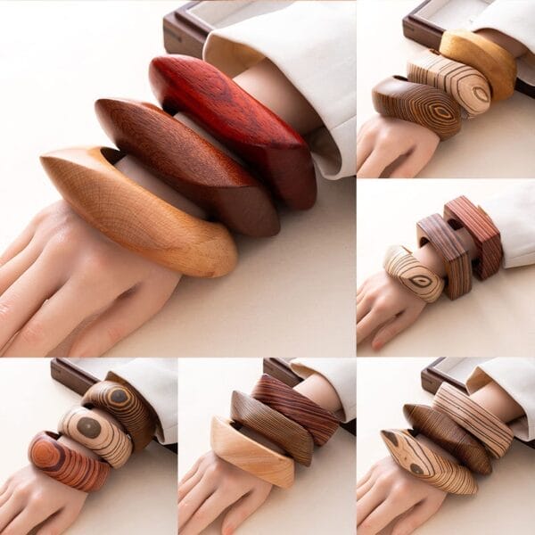 Handcrafted Vintage Wooden Bangles: Square & hexagon styles in natural wood tones.