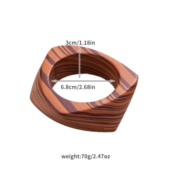 Vintage Square Wooden Bangle: Handcrafted style with brown and tan stripes, 3cm tall, 6.8cm diameter, 70g weight