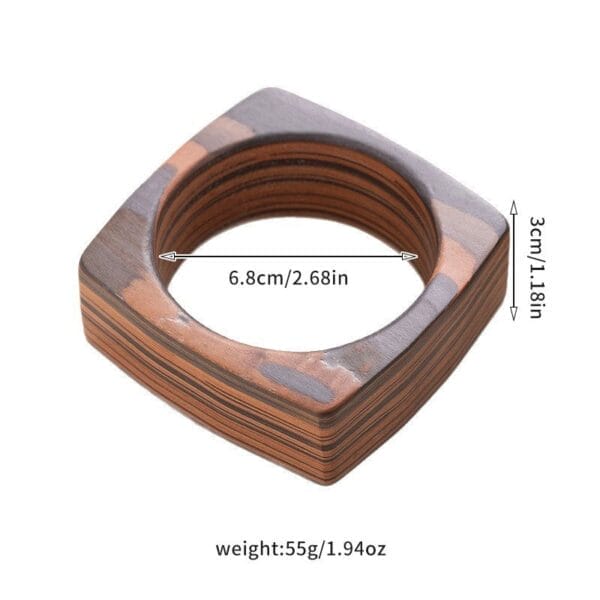Vintage Square Wooden Bangle: Handcrafted style with layered wood grain, dimensions shown.