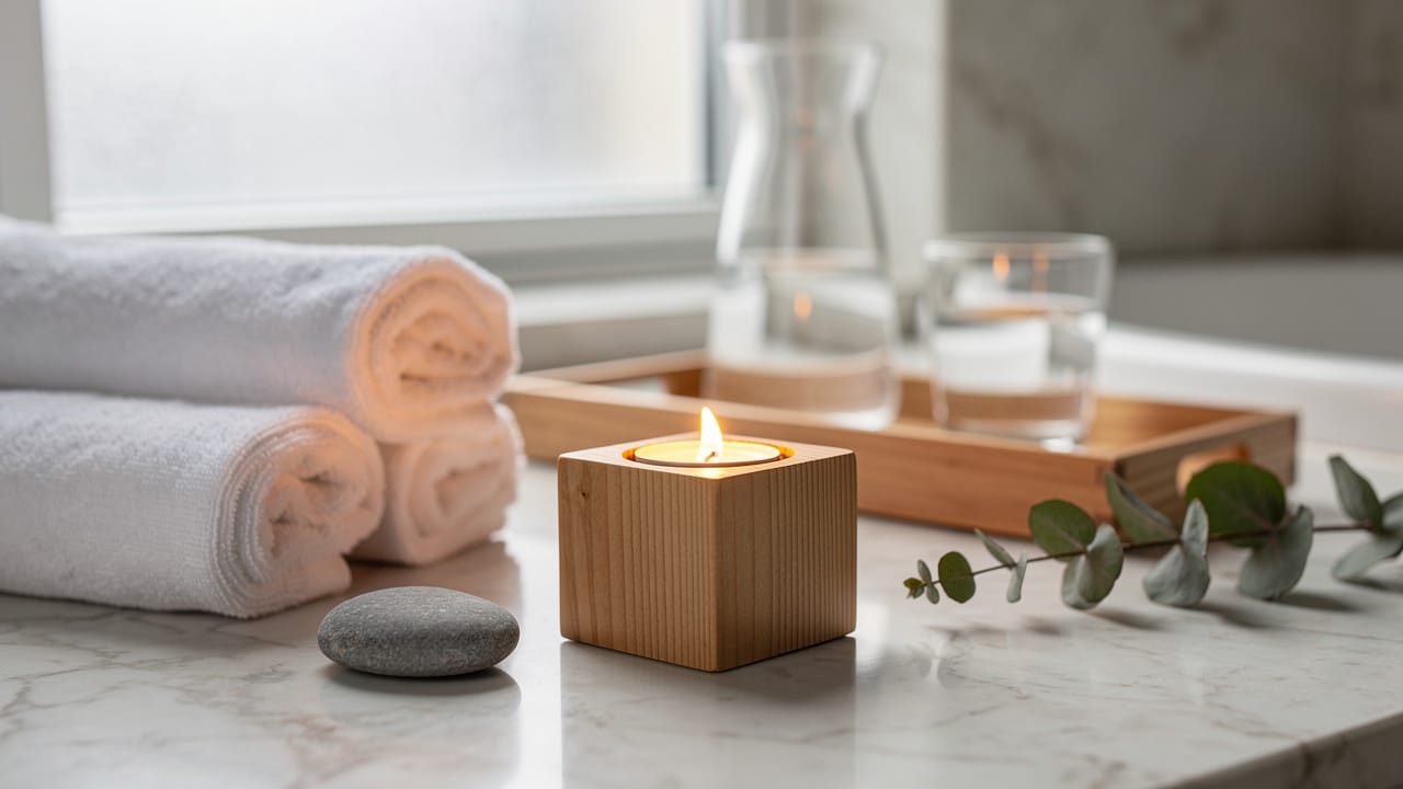 Wooden candle holder with lit candle, towels, and spa elements