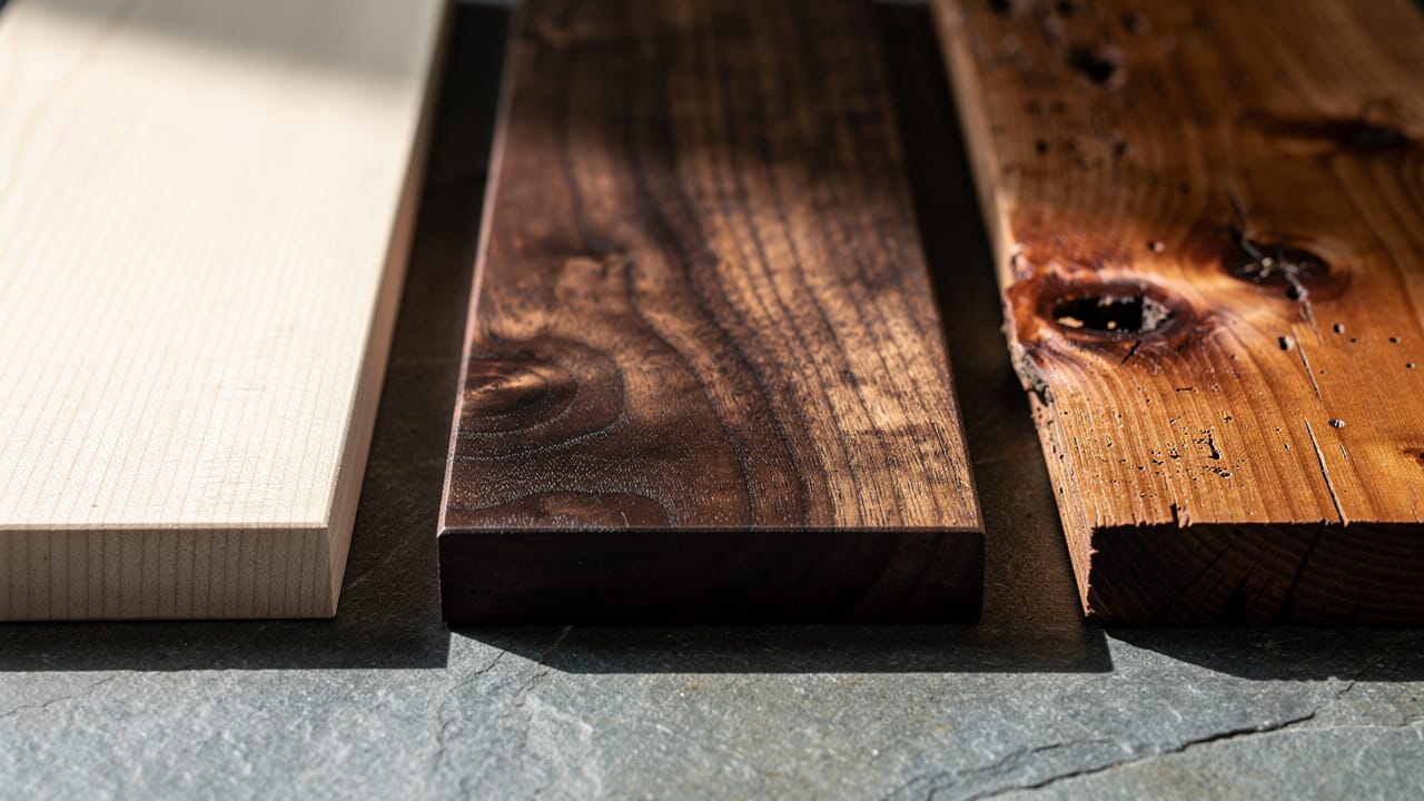 Three wooden planks: light, dark walnut, and rustic pine, for candle holders.