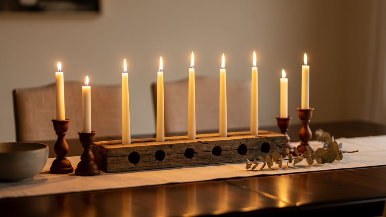 Creative wooden candle holder with lit candles on dining table