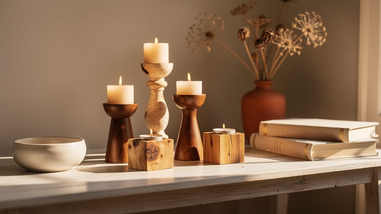 Creative wooden candle holders with lit candles on a table