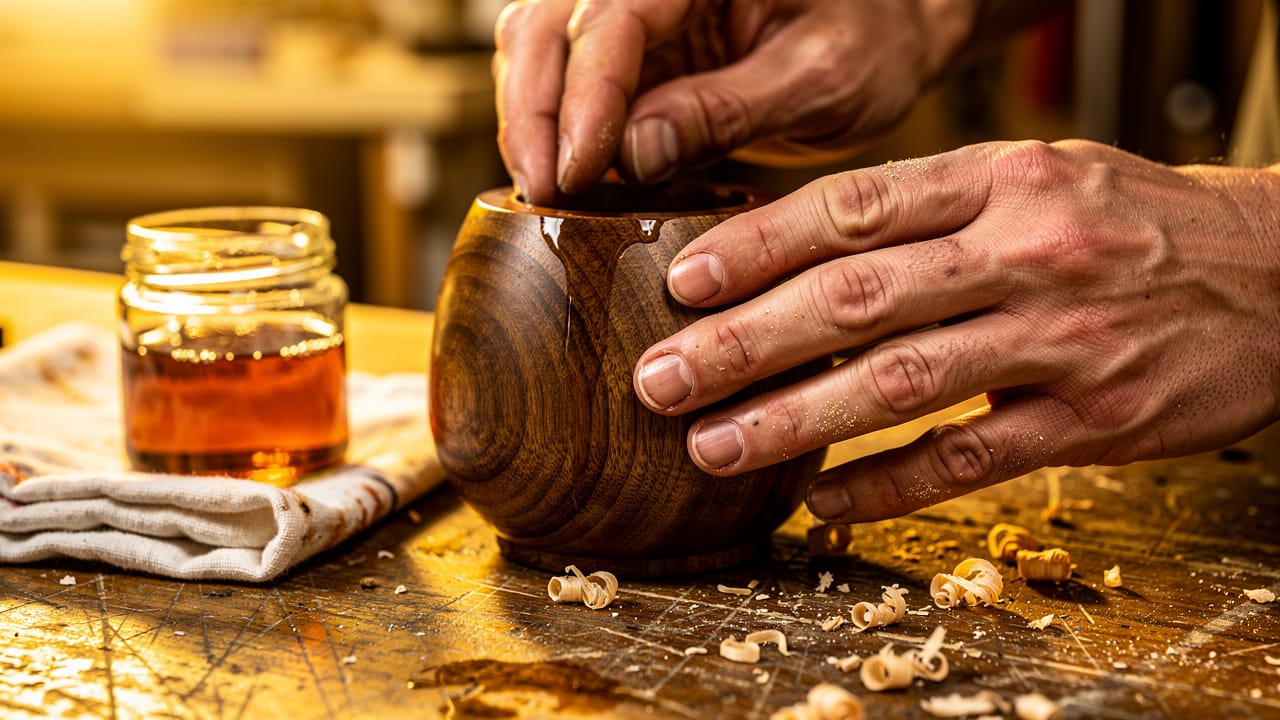 Woodworker finishing a handcrafted wooden candle holder with oil.