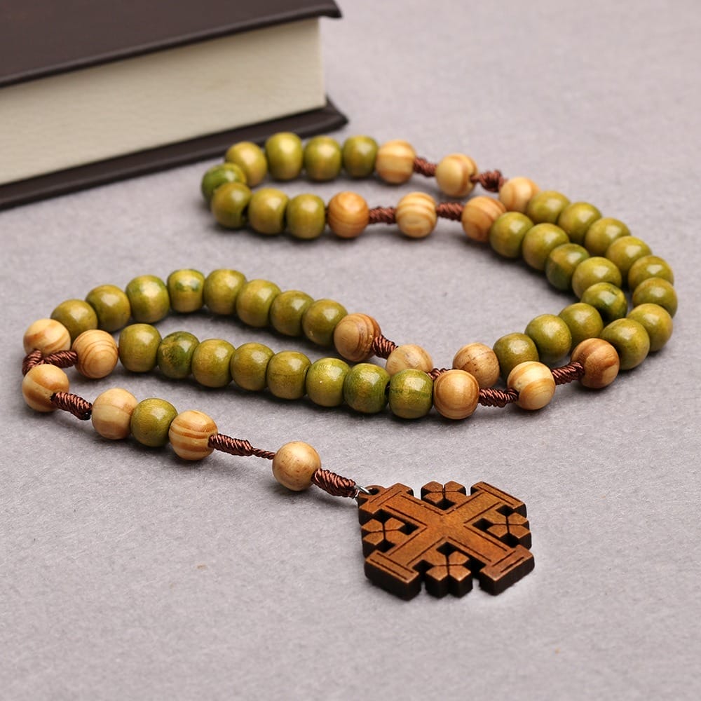 Wooden Cross Pendant Bulk: Polished natural wood rosary necklaces with Jerusalem cross.