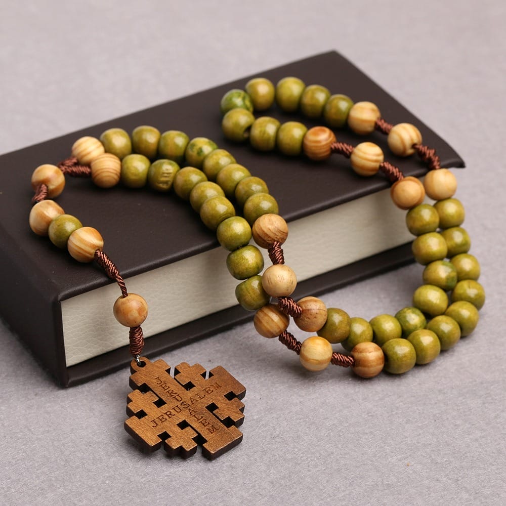 Wooden Cross Pendant Bulk: Polished natural wood rosary necklaces with Jerusalem cross pendant.