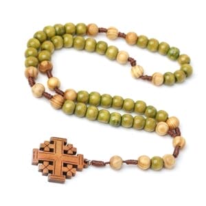 Wooden Cross Pendant Rosary Necklace: Polished natural wood beads with Jerusalem cross.