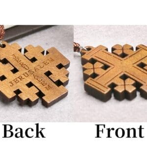 Wooden Jerusalem Cross pendant. Polished natural wood rosary necklace with "Jerusalem" engraved.