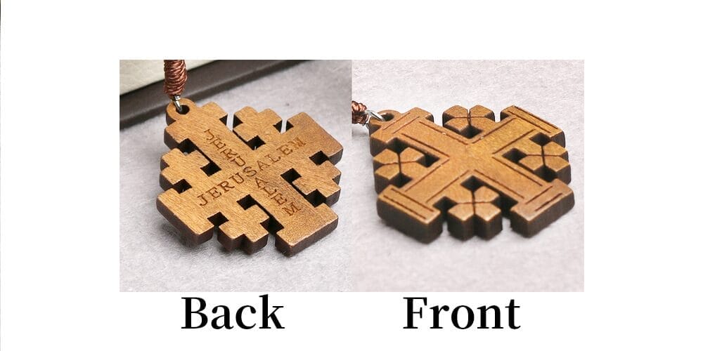 Wooden Jerusalem Cross pendant. Polished natural wood rosary necklace with "Jerusalem" engraved.