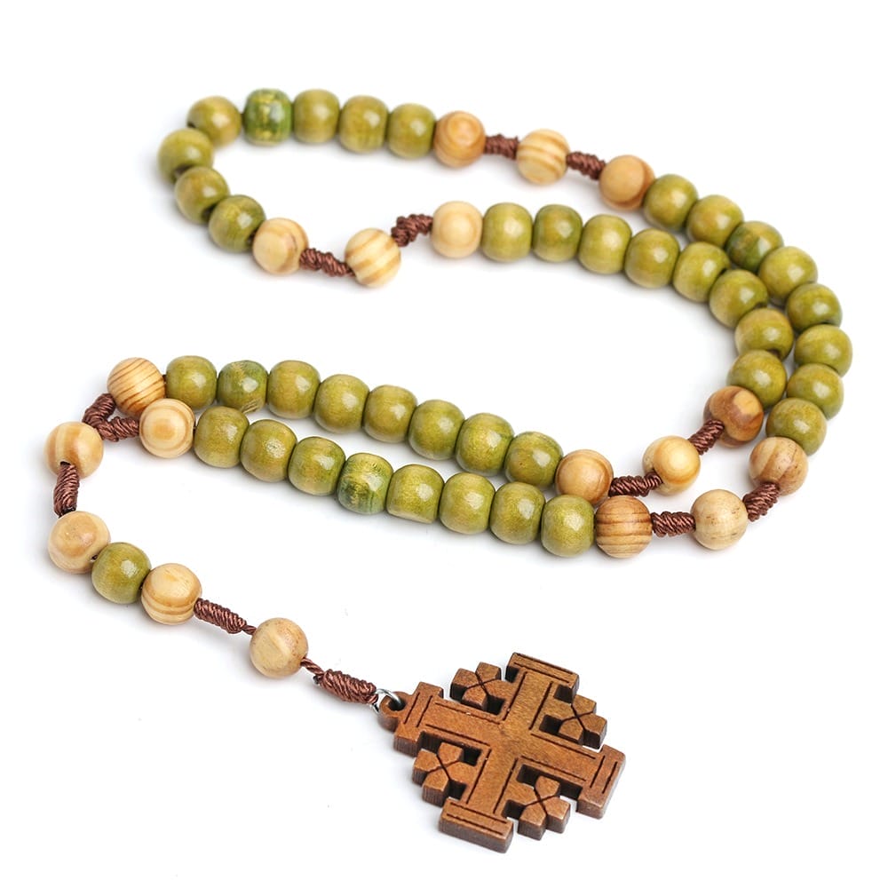 Wooden Cross Pendant Rosary Necklace: Polished natural wood beads with Jerusalem cross.