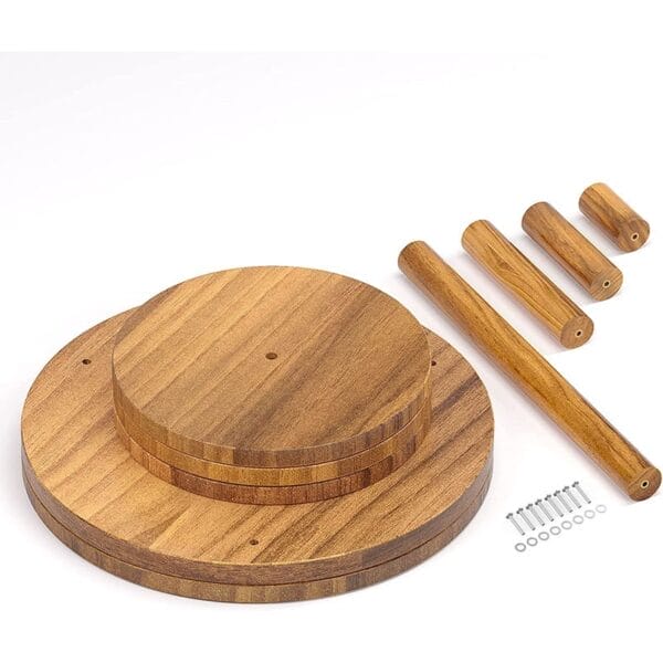 AUTO-DRAFT unassembled wooden tiered stand with dowels and screws.