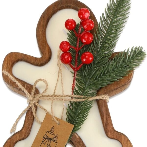 Wooden Dough Bowls Wholesale: Gingerbread shaped candle making bowl with berries and pine decoration.