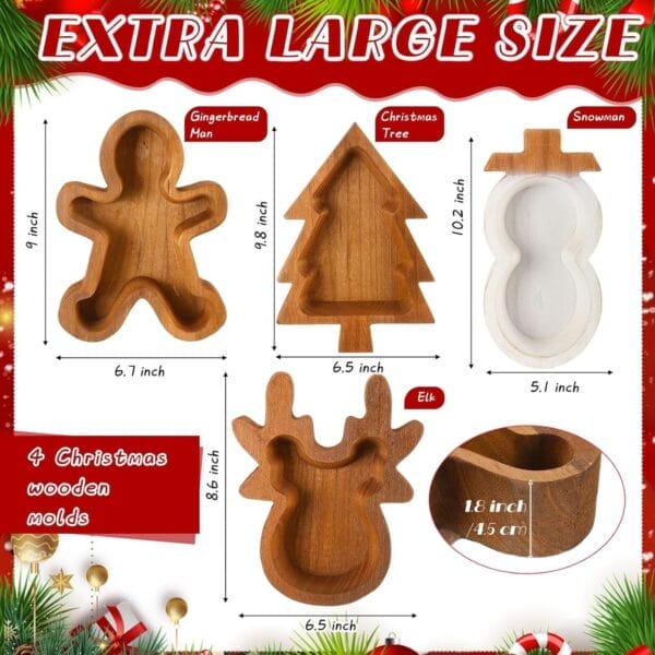 Wooden Dough Bowls: Christmas-themed molds including a tree, gingerbread man, snowman, and elk, ideal for candle making.
