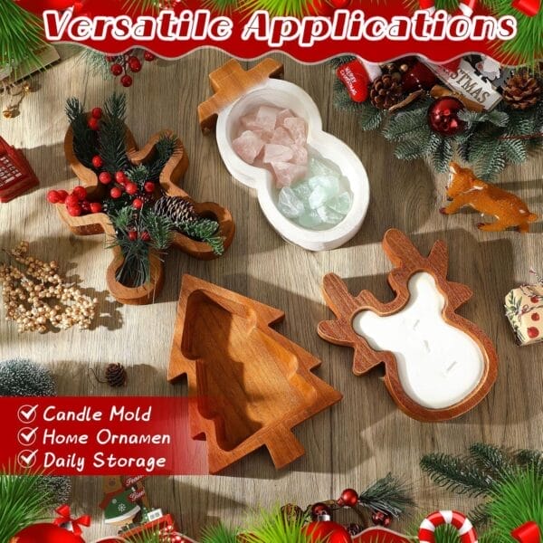Wooden Dough Bowls Wholesale: Christmas themed shapes for candle making, including tree, sock, and gingerbread designs.