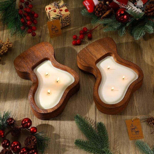 Wooden Dough Bowls Wholesale: Christmas sock-shaped bowls for candle making, filled with white wax and multiple wicks.