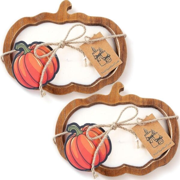 Pumpkin-shaped wooden dough bowls with candles, pumpkin sticker, and tag. Candle making fall decor.