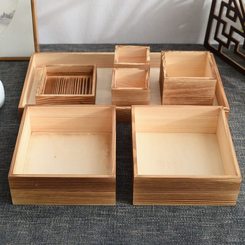 Wooden Drawer Box Manufacturers: Unfinished wooden boxes in various sizes, including a tray, ideal for crafts or storage