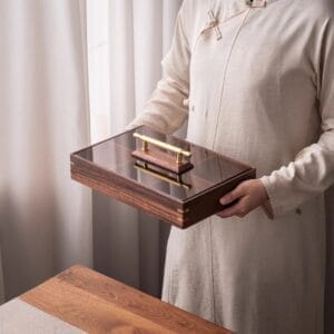 Walnut wood 6-compartment snack box with gold handle. Premium dry fruit/candy box. Wooden Dry Fruit Boxes Wholesale.