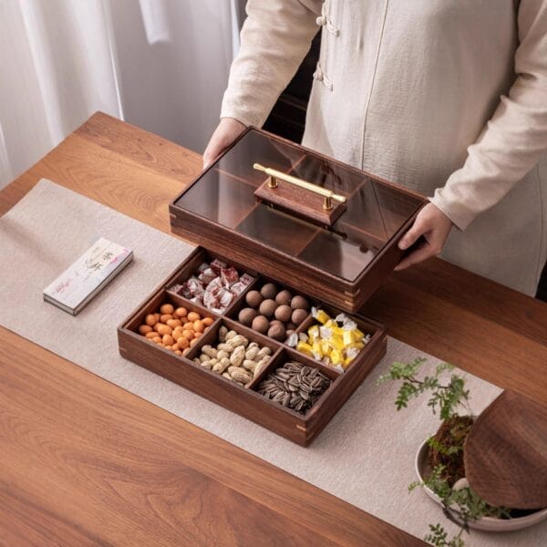 Premium Walnut Wooden Dry Fruit Box: Stackable 6-compartment snack & candy box with clear lid, filled with nuts and sweets.