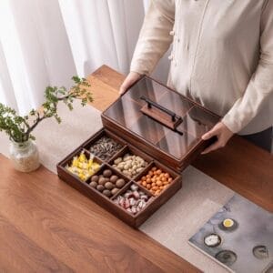 Premium Walnut Wooden Dry Fruit Box: Stackable 6-compartment snack & candy organizer with lid held by person.