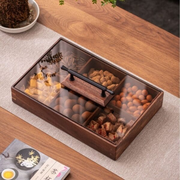 Premium Walnut Wooden Dry Fruit Box: 6-compartment snack & candy box with clear lid, filled with nuts and sweets.