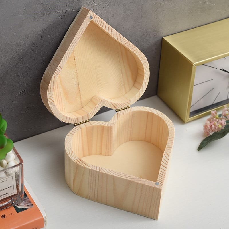 Heart-shaped wooden box with open lid, unfinished wood craft box