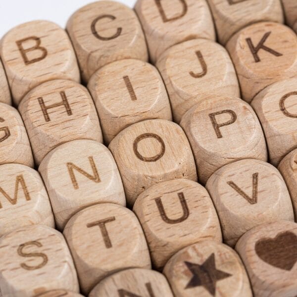 12mm Beech wooden letter beads for DIY crafts: alphabet beads A-Z, heart, star