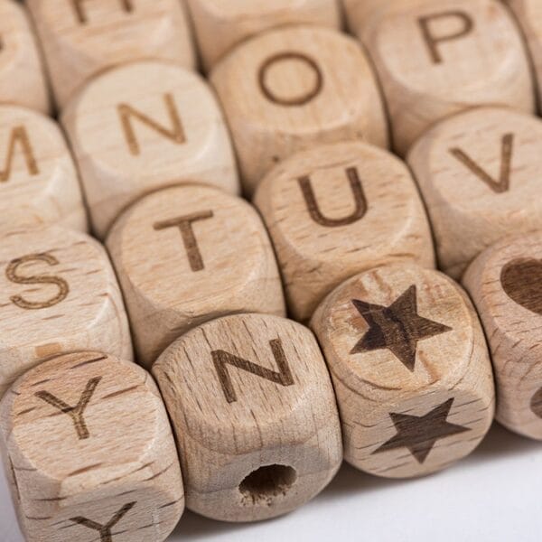 12mm Beech wooden letter beads for DIY crafts: Alphabet letters, stars, and heart designs