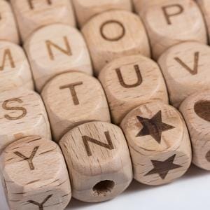 12mm Beech wooden letter beads for DIY crafts, featuring letters and stars