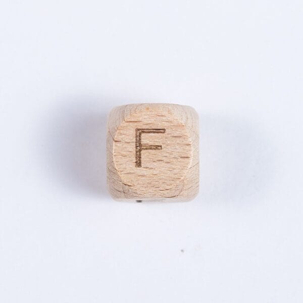 12mm Beech wooden letter bead with engraved 'F' for DIY crafts and jewelry making