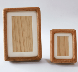 Wooden Picture Frames: Solid wood tabletop display frames, bulk option available, in two sizes.
