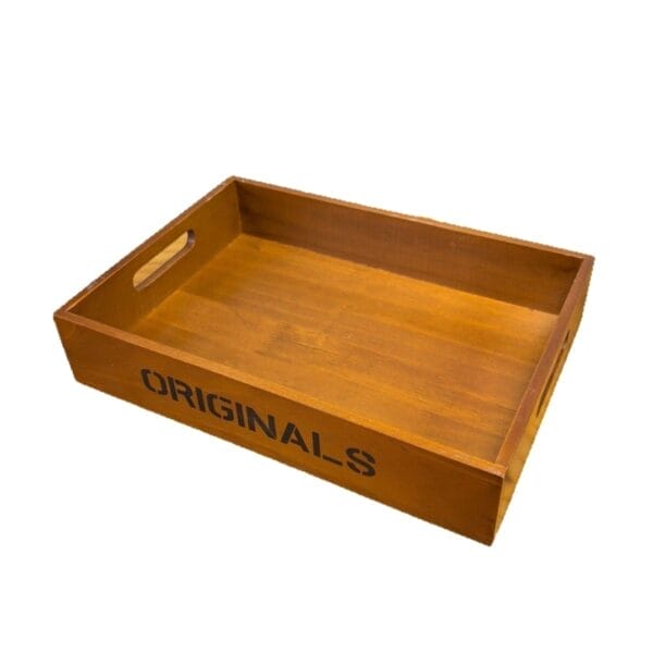 Wooden serving tray with handles and "ORIGINALS" print