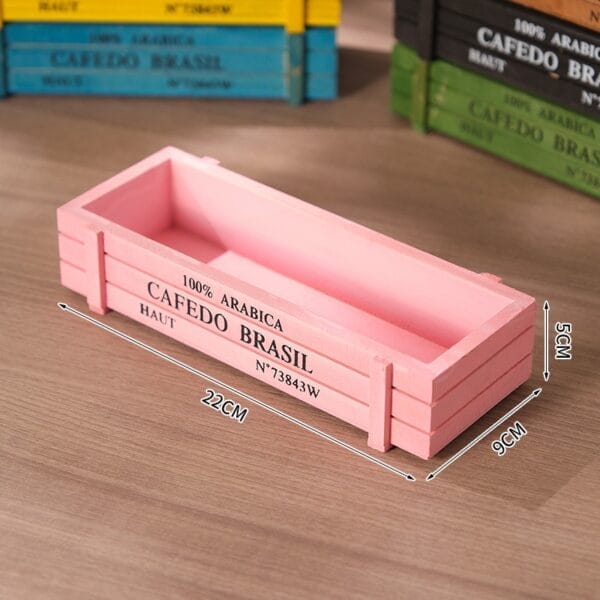Pink wooden crate planter box with "100% Arabica Cafedo Brasil" text, 22cm x 9cm x 5cm