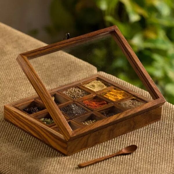 Wooden spice box with glass lid, showcasing nine assorted spices in individual compartments