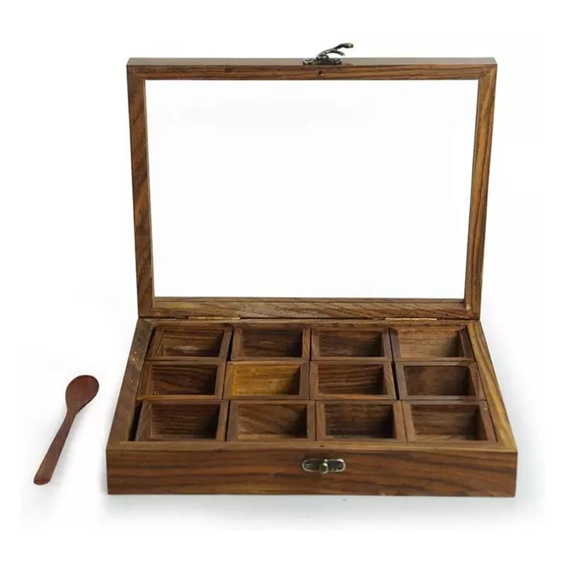 Wooden spice box wholesale: Wooden storage box with glass lid, divided compartments, and small wooden spoon