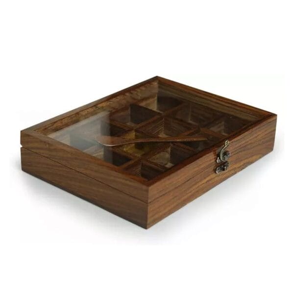 Wooden spice box with clear lid, compartments, and small spoon