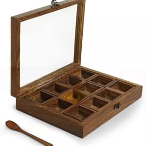 Wooden spice box with 9 compartments, clear lid, and spoon. Ideal for kitchen spice storage.