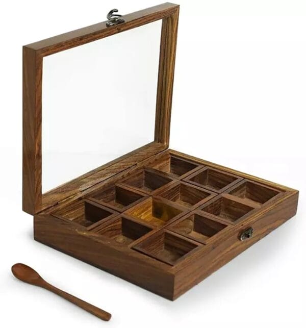 Wooden spice box with 9 compartments, clear lid, and spoon. Ideal for kitchen spice storage.
