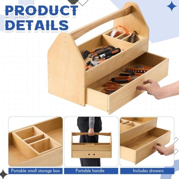 Custom Wooden Tool Box: Portable multi-functional organizer with drawers and handle, shown with tools.