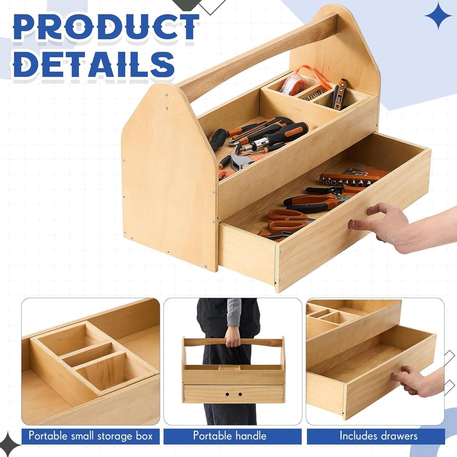 Custom Wooden Tool Box: Portable multi-functional organizer with drawers and handle, shown with tools.