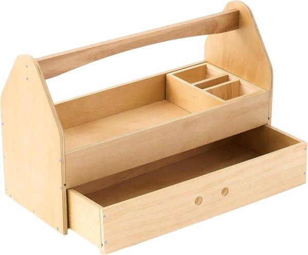 Custom Wooden Tool Box: Portable multi-functional organizer with handle, top compartments, and pull-out drawer.