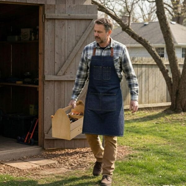 Man carrying Custom Wooden Tool Box, a portable multi-functional organizer, in a backyard setting.