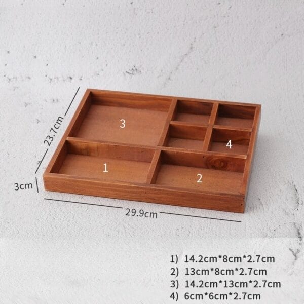 Wooden organizer tray with compartments, dimensions labeled for storage of small items, rustic style