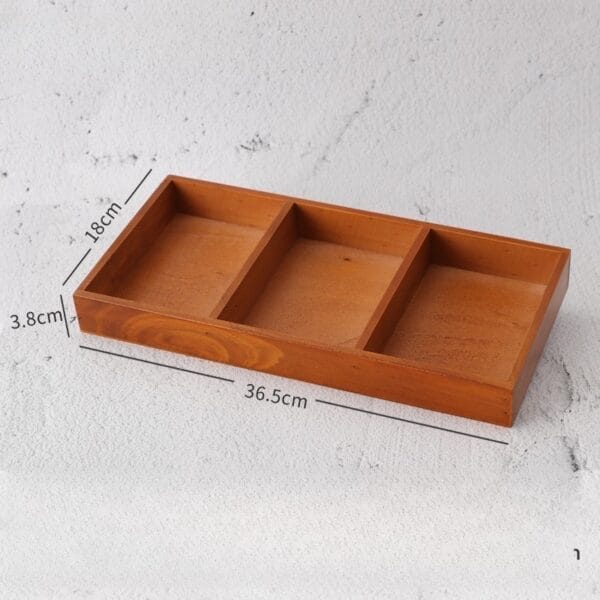 Wooden tray with three compartments, dimensions 36.5cm x 18cm x 3.8cm, for organization or display