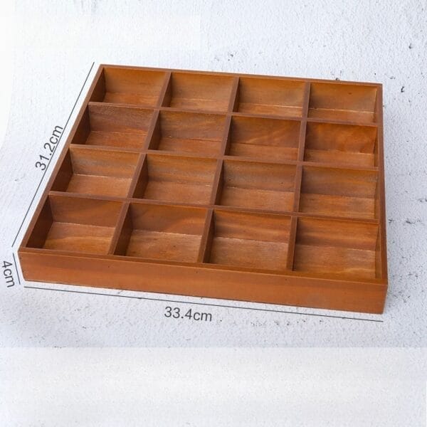 Vintage Wooden Multi-Compartment Tray for Gift Packaging with 16 sections and labeled dimensions.