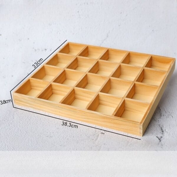 Wooden tray organizer with 20 compartments, 33cm x 38.3cm x 3.8cm.